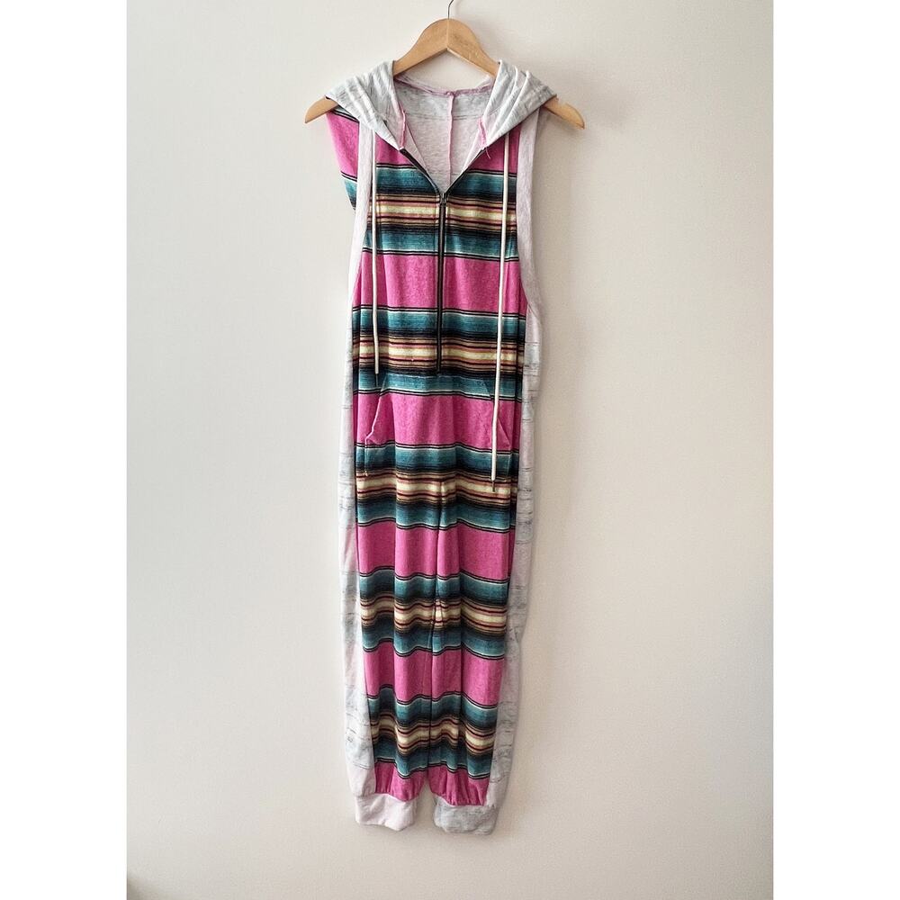 Striped Terrycloth Jumpsuit Hoodie Racerback Size Small